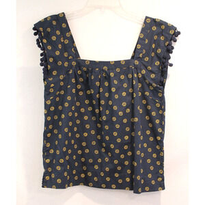 J Crew Daisy Print Top Womens size 6 Navy Blue Poplin Pom-Poms Trim